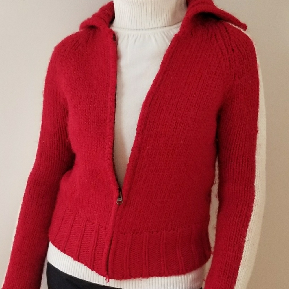 VTG Roots Winter Edition Alpaca blend Red/White Zip Front Cardigan, Size SP